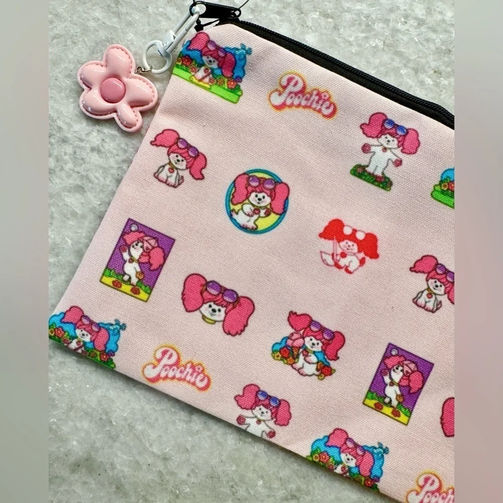 New Retro 80s Style Poochie Dog Pink Makeup Tech Pencil Bag w/ Charm - 8.5” x 6”